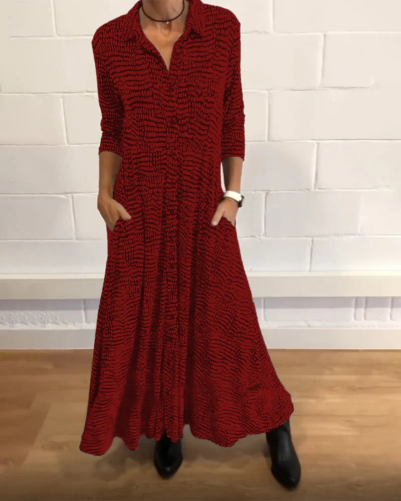 Eleanora - elegante abito lungo a trapezio con tasche e dettagli abbottonati