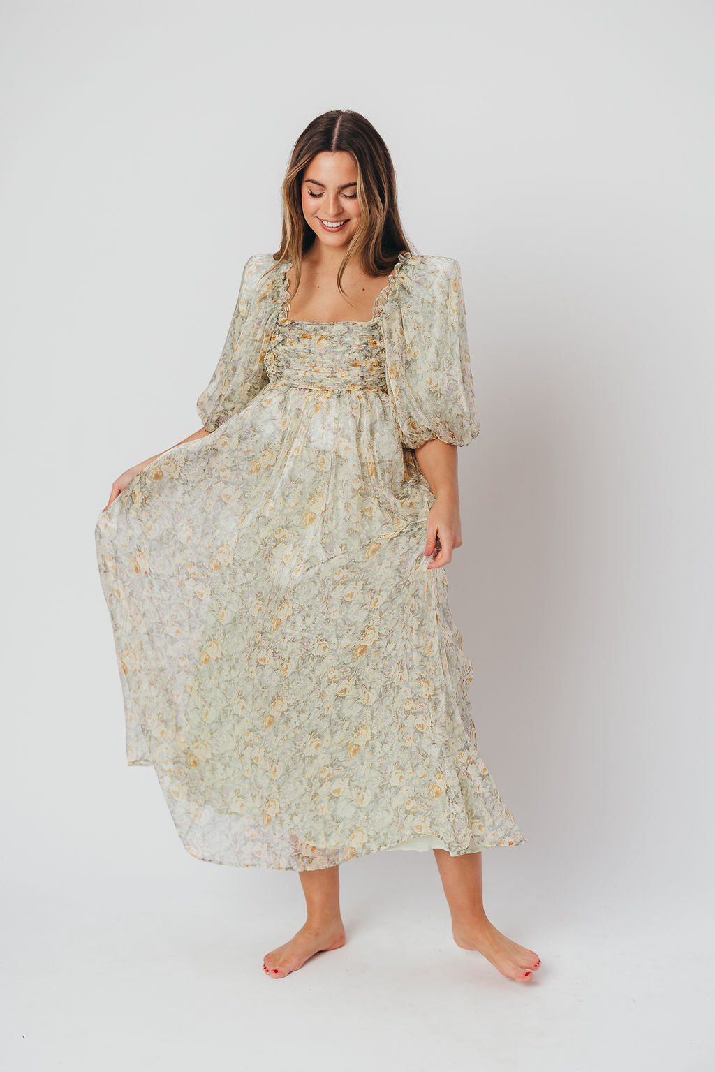 Abito lungo melody con pieghe e fiocco in salvia floreale - taglie adatte alla pancia e inclusive (S-3XL)