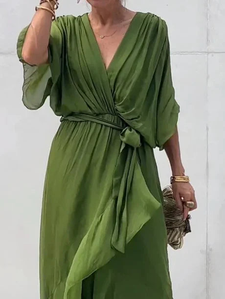Fiona - abito midi in chiffon verde con scollo a V