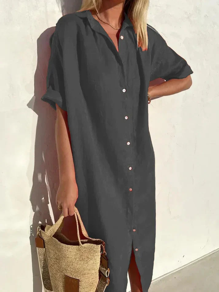Delia - abito elegante e casual da donna con maniche larghe e abito con bottoni in cotone e lino