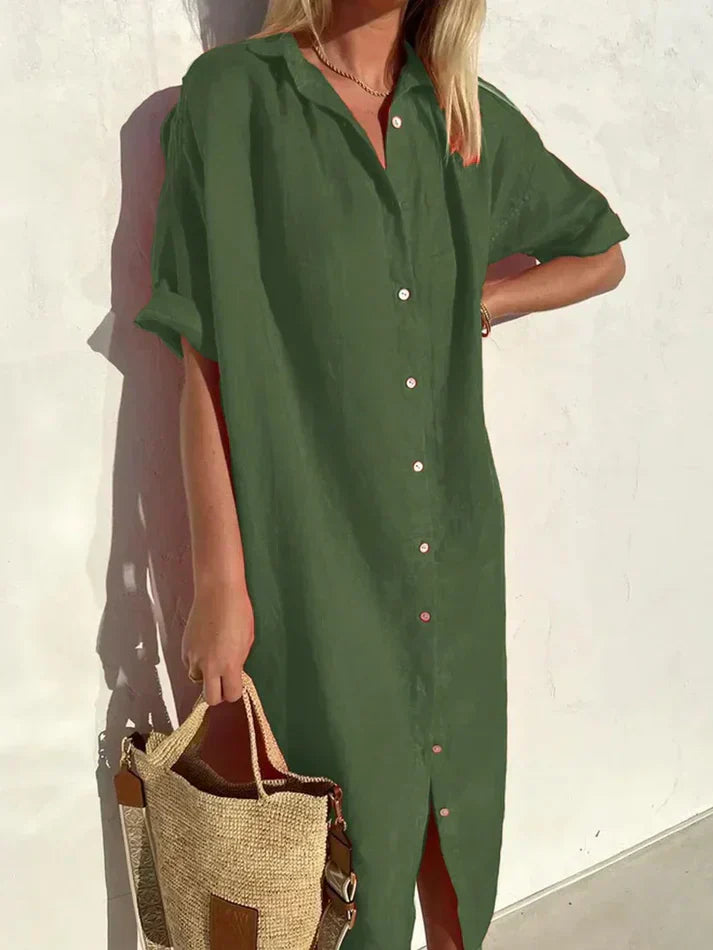 Delia - abito elegante e casual da donna con maniche larghe e abito con bottoni in cotone e lino