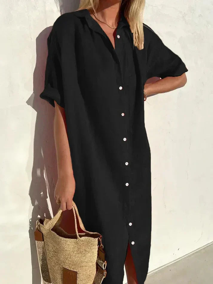 Delia - abito elegante e casual da donna con maniche larghe e abito con bottoni in cotone e lino