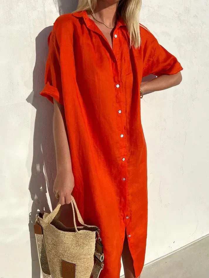 Delia - abito elegante e casual da donna con maniche larghe e abito con bottoni in cotone e lino