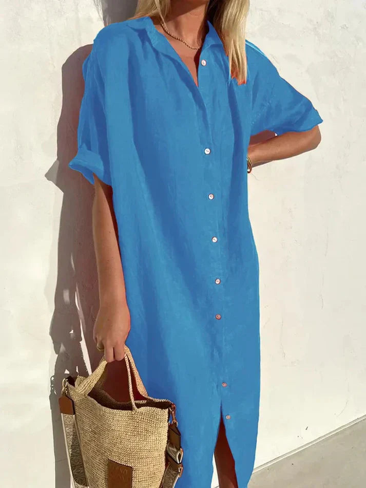 Delia - abito elegante e casual da donna con maniche larghe e abito con bottoni in cotone e lino