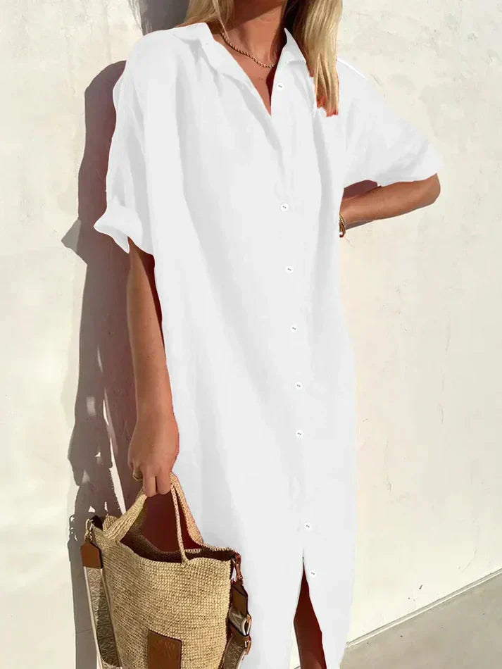Delia - abito elegante e casual da donna con maniche larghe e abito con bottoni in cotone e lino