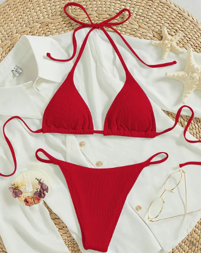 Zoey - bikini blu con fascia alta e scollo a V