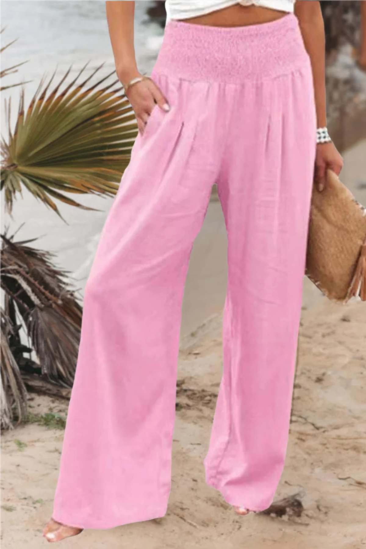 Pantalone a vita alta in cotone e lino, in tirella