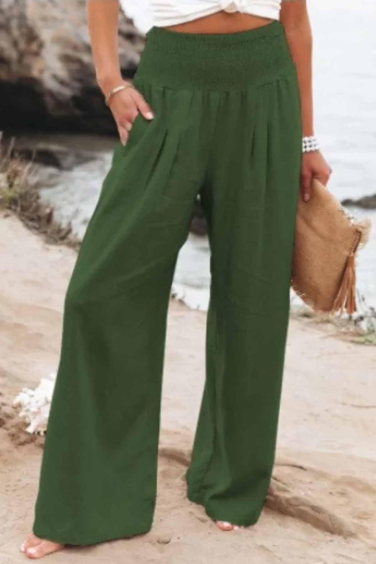 Pantalone a vita alta in cotone e lino, in tirella