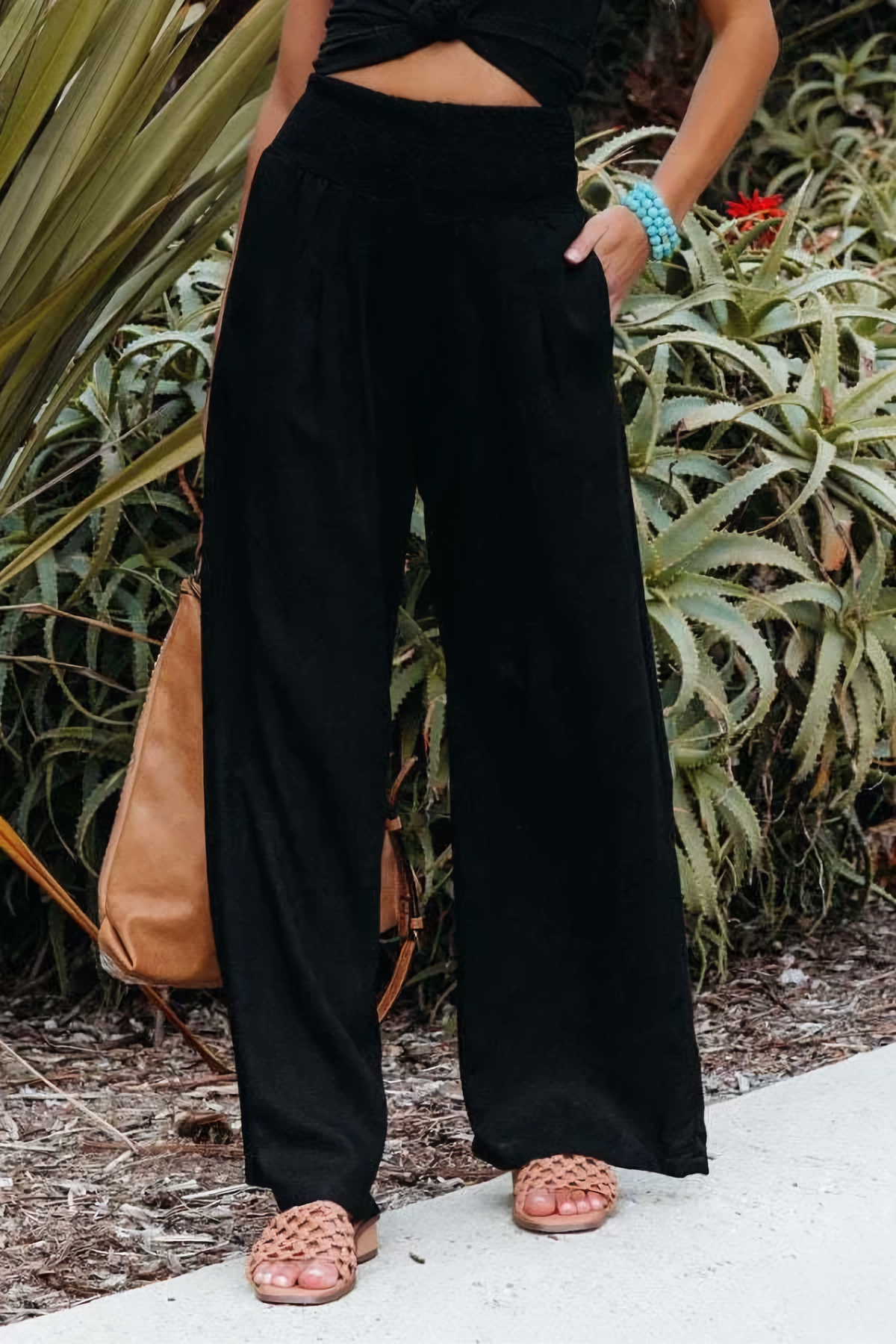 Pantalone a vita alta in cotone e lino, in tirella