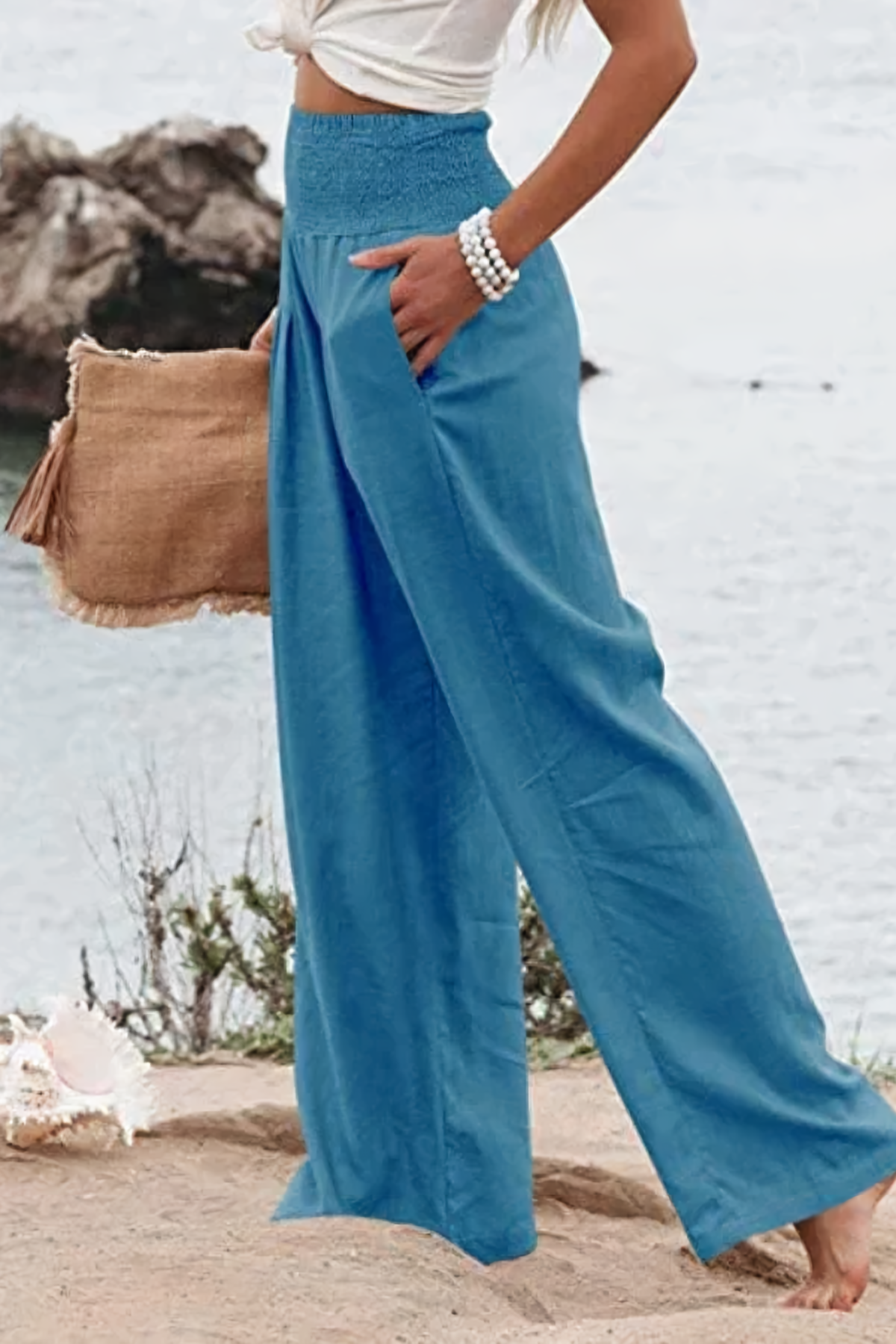 Pantalone a vita alta in cotone e lino, in tirella