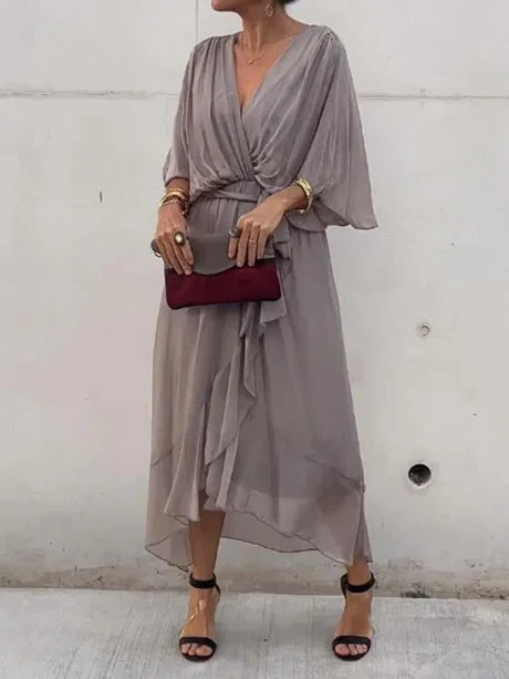 Fiona - abito midi in chiffon verde con scollo a V