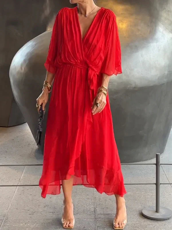 Monica -abito in chiffon con scollo a v, elegante e stiloso