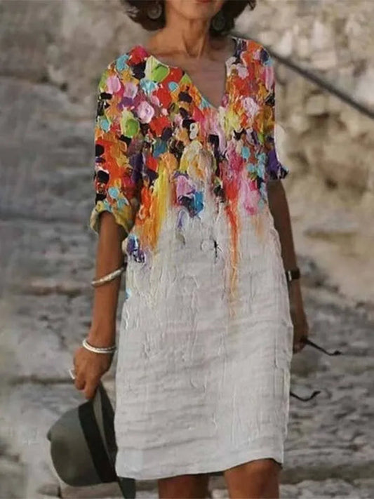 Bellerue - abito da donna in cotone e lino con scollatura e stampa dipinto ad olio