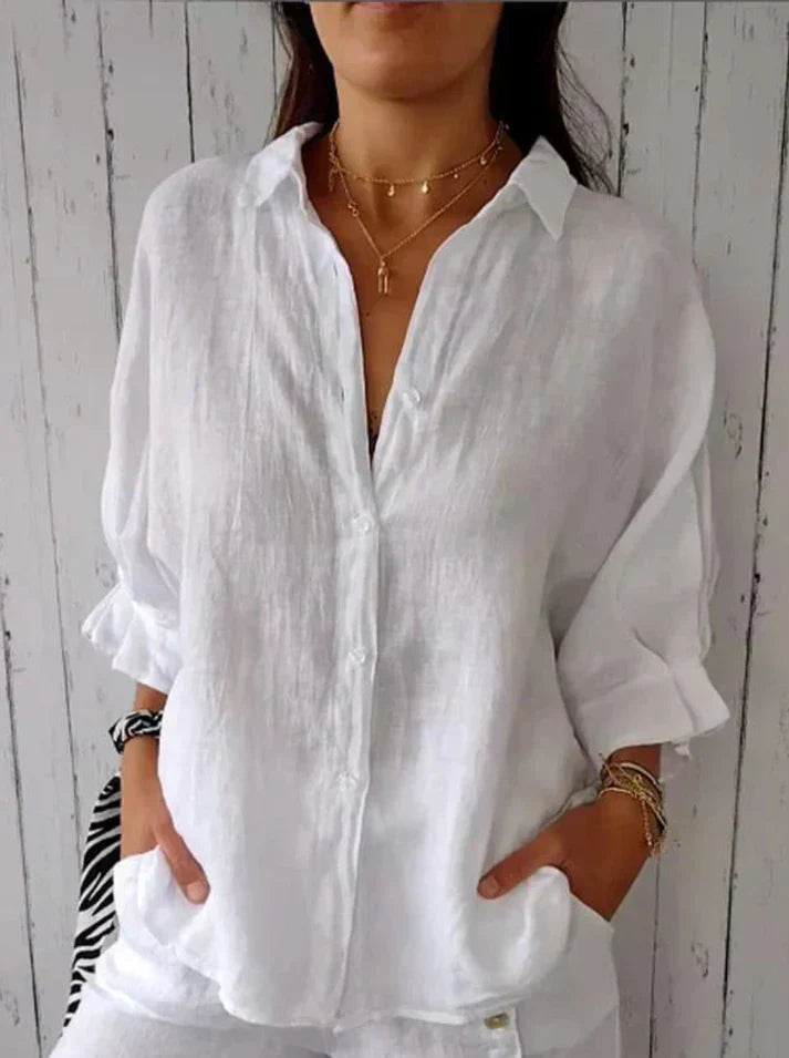 Camicia in cotone e lino, legata sul retro