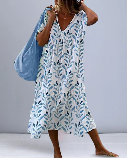 Boho -Abito midi con stampa foglie e taglio fluido