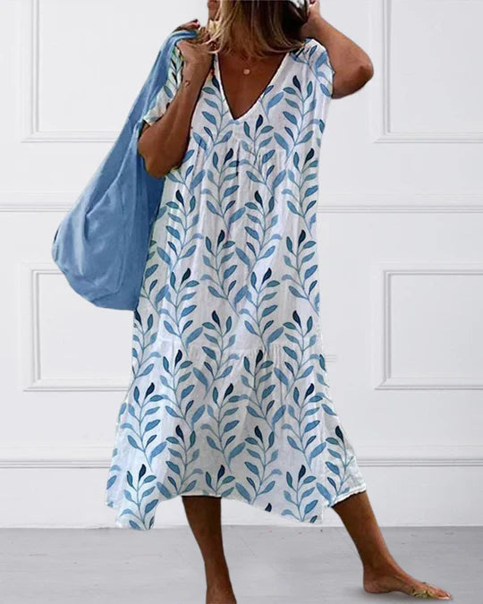 Boho -Abito midi con stampa foglie e taglio fluido