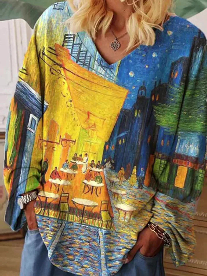 T-shirt Van Gogh art con scollo a v, vestibilità ampia
