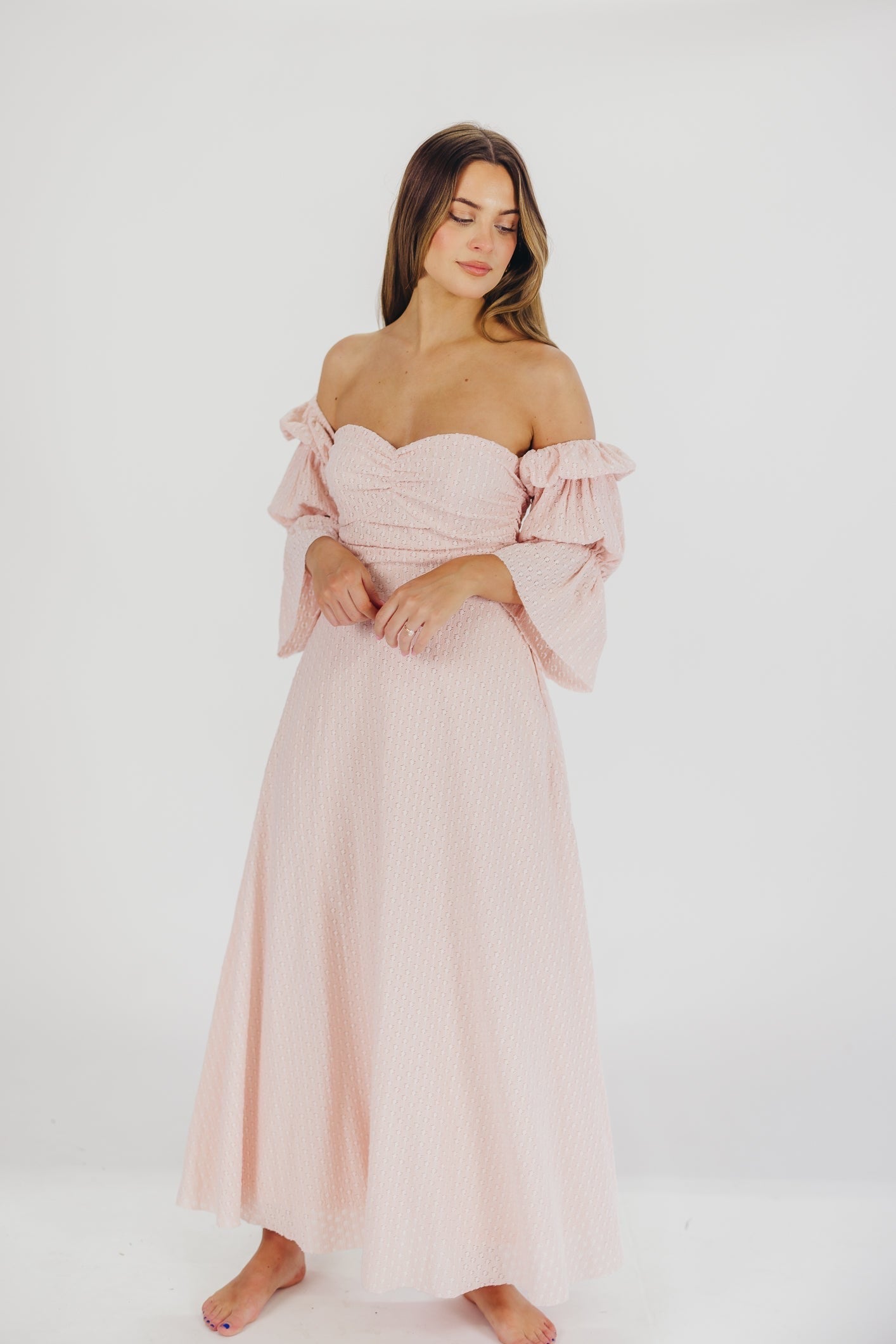 Abito lungo con maniche a balze e tasche corrine in rosa ballerina - Bump friendly