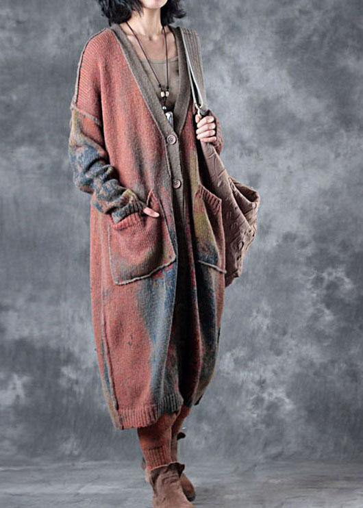 Cardigan in maglia con bottoni autunnali e tasche con scollo a v color arancio boho