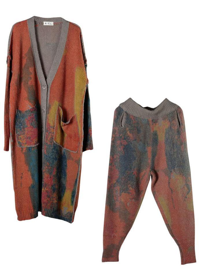 Cardigan in maglia con bottoni autunnali e tasche con scollo a v color arancio boho