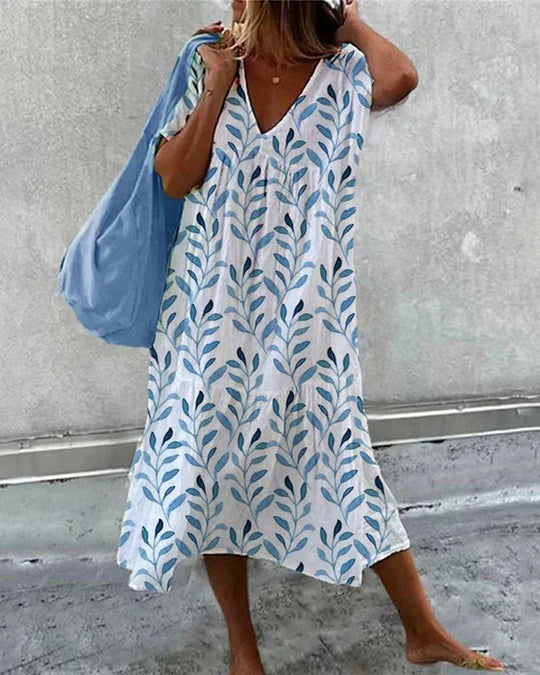 Boho -Abito midi con stampa foglie e taglio fluido