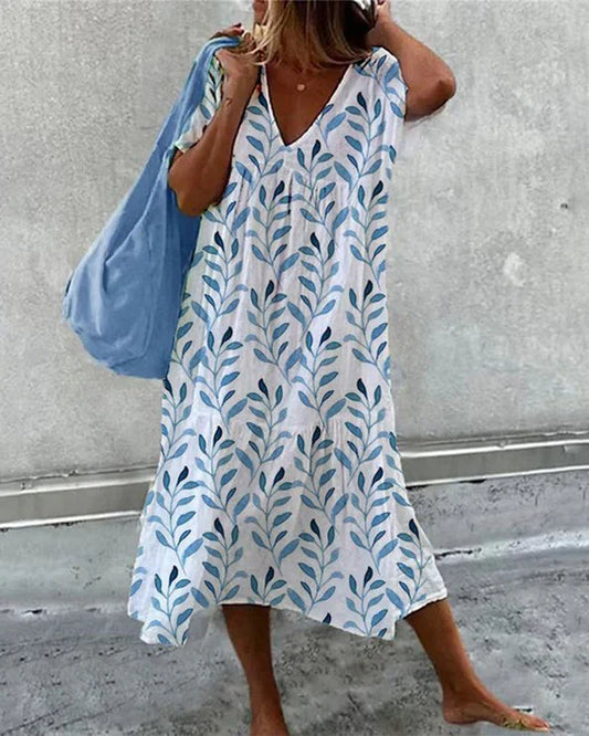 Boho -Abito midi con stampa foglie e taglio fluido