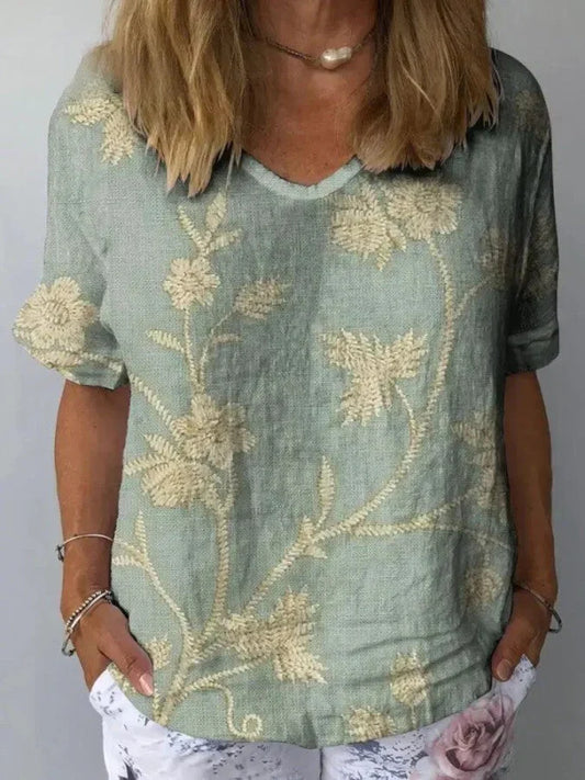 Lässiges - camicia da donna con motivo floreale retrò in cotone e lino