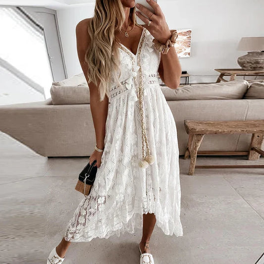Emilia - abito femminile in pizzo con scollo a V