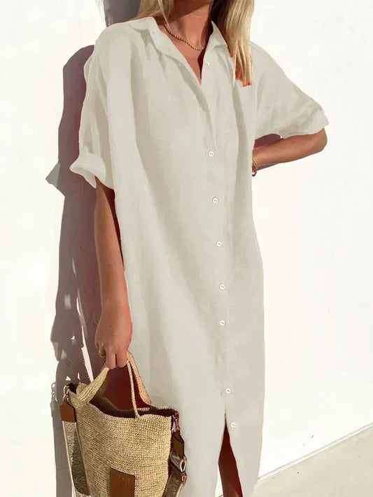 Delia - abito elegante e casual da donna con maniche larghe e abito con bottoni in cotone e lino