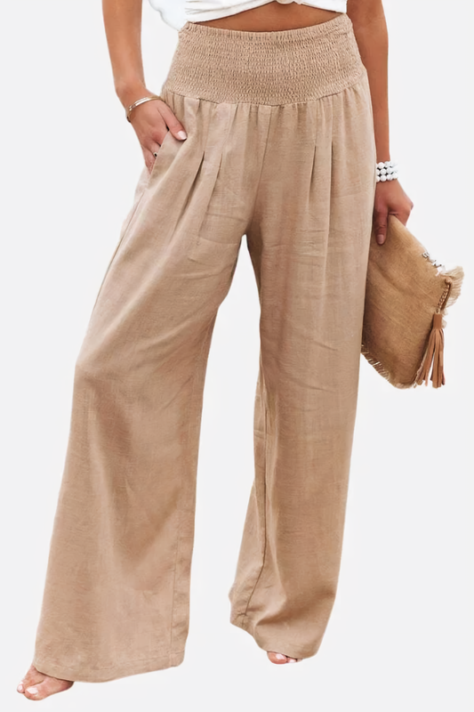 Pantalone a vita alta in cotone e lino, in tirella