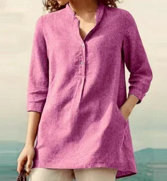 Claudia - top semplice e casual in lino e cotone con collo alto per la primavera e l'autunno