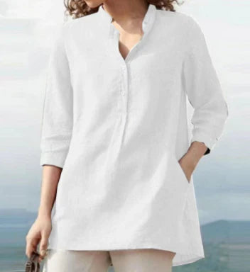 Claudia - top semplice e casual in lino e cotone con collo alto per la primavera e l'autunno