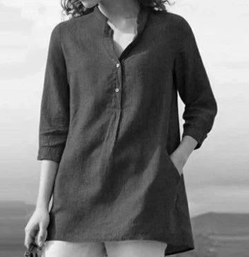 Claudia - top semplice e casual in lino e cotone con collo alto per la primavera e l'autunno