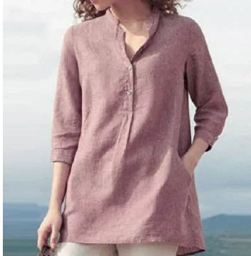 Claudia - top semplice e casual in lino e cotone con collo alto per la primavera e l'autunno