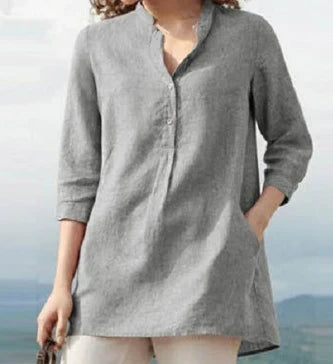 Claudia - top semplice e casual in lino e cotone con collo alto per la primavera e l'autunno