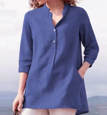 Claudia - top semplice e casual in lino e cotone con collo alto per la primavera e l'autunno