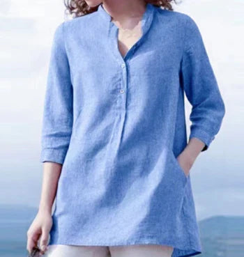 Claudia - top semplice e casual in lino e cotone con collo alto per la primavera e l'autunno