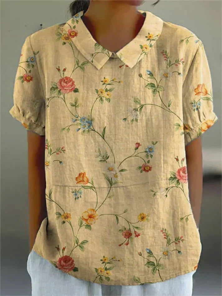 Karla - camicia casual da donna in cotone e lino con stampa floreale retrò