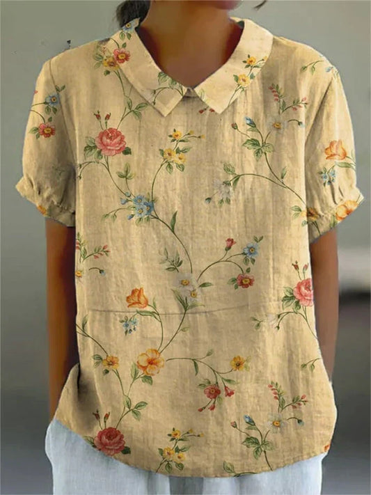 Karla - camicia casual da donna in cotone e lino con stampa floreale retrò