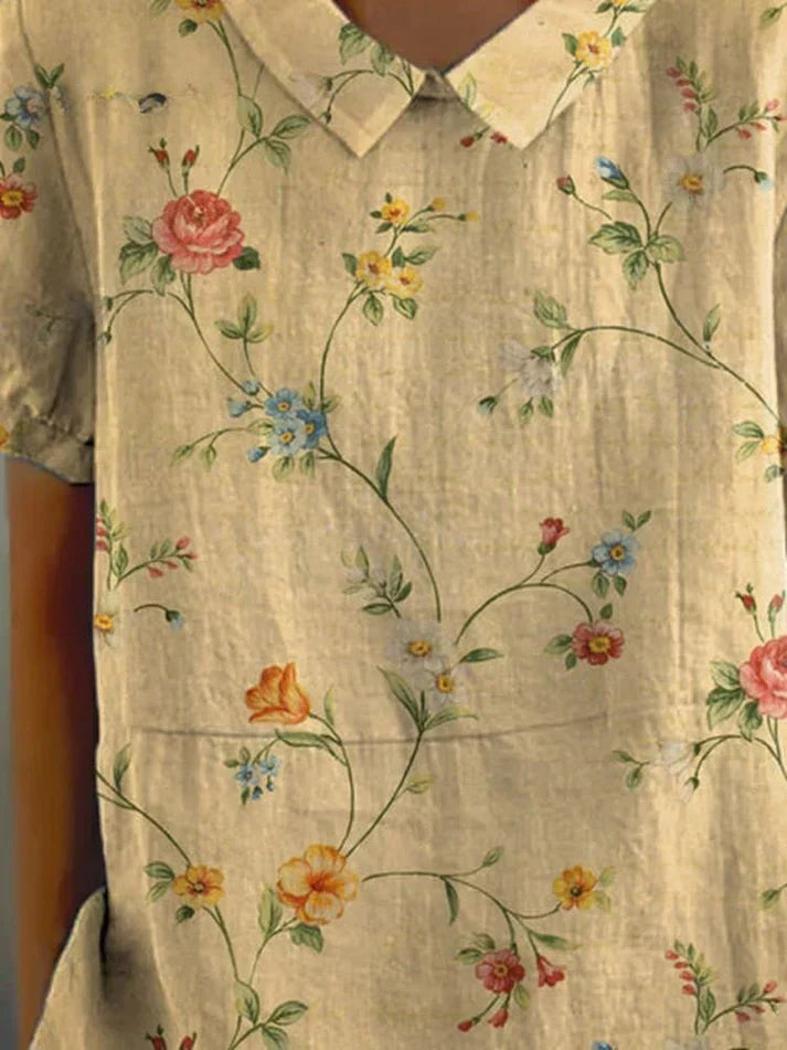 Karla - camicia casual da donna in cotone e lino con stampa floreale retrò