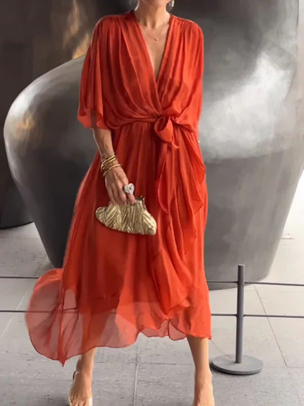 Monica -abito in chiffon con scollo a v, elegante e stiloso