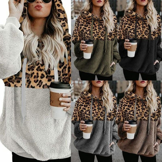 Teddy pullover - felpa con cappuccio estremamente calda e accogliente con elegante motivo leopardato per la primavera