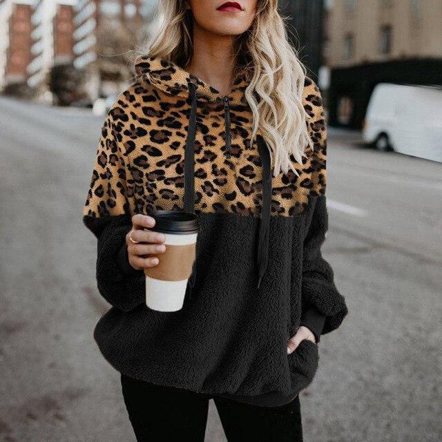 Teddy pullover - felpa con cappuccio estremamente calda e accogliente con elegante motivo leopardato per la primavera