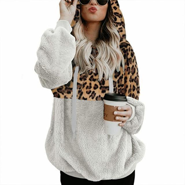 Teddy pullover - felpa con cappuccio estremamente calda e accogliente con elegante motivo leopardato per la primavera