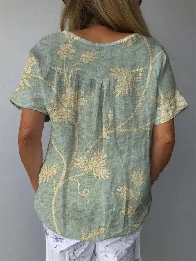Lässiges - camicia da donna con motivo floreale retrò in cotone e lino